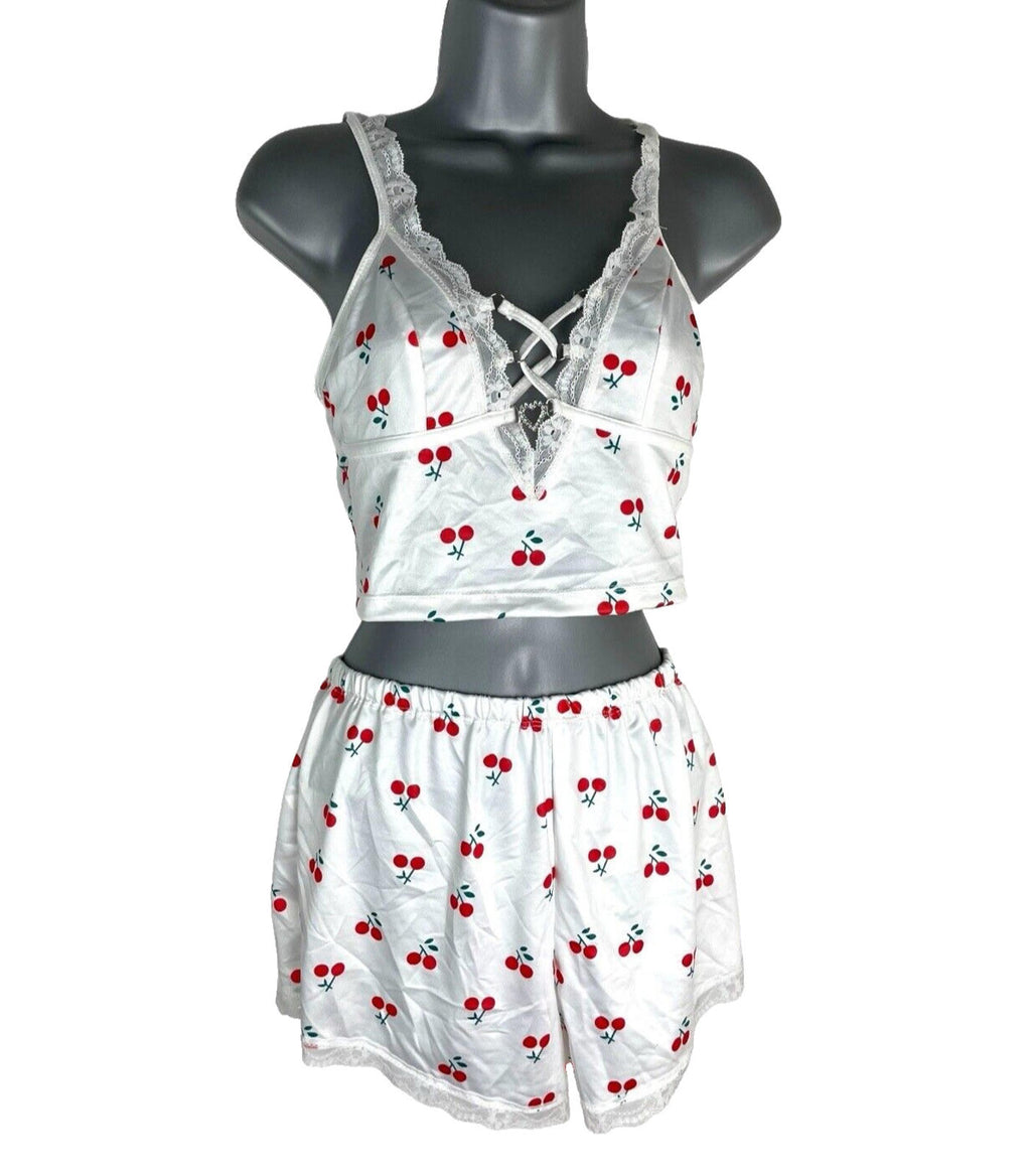 White Satin Shorts & Crop Top Co Ord Cherry Print Women's UK Size 6-8