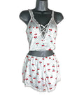 White Satin Shorts & Crop Top Co Ord Cherry Print Women's UK Size 6-8
