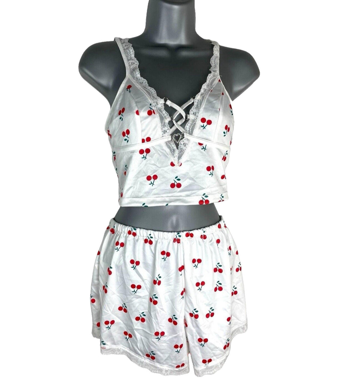 White Satin Shorts & Crop Top Co Ord Cherry Print Women's UK Size 6-8