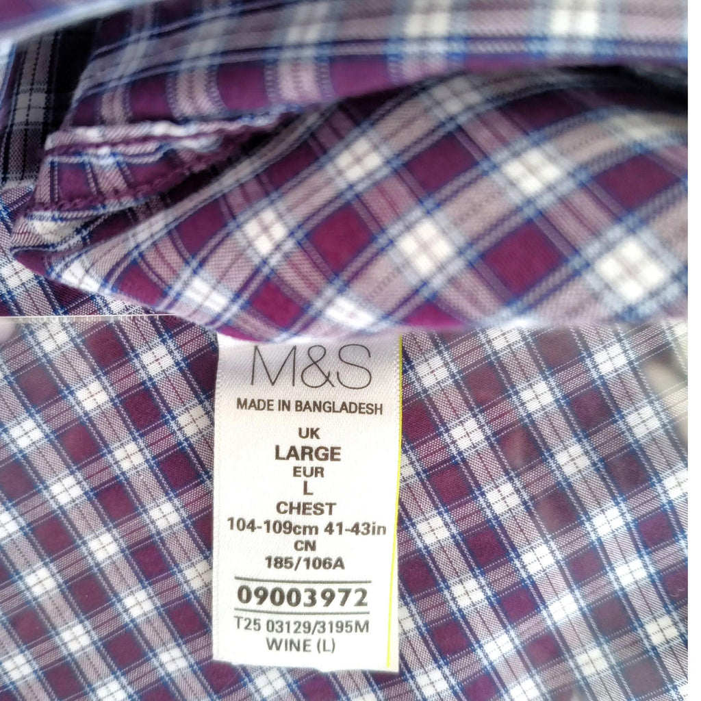 Marks & Spencer Plaid Shirt Men's UK Size L Purple White Button Down Long Sleeve