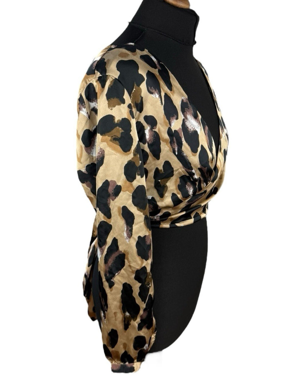 Boohoo Leopard Print Crop Top Women’s UK Size 12 Beige Satin Wrap Front Tie Back