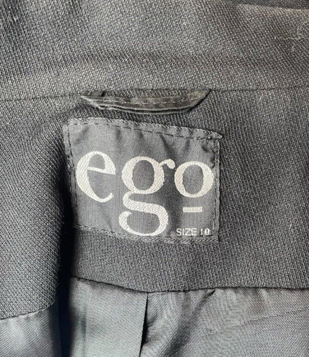 Ego Blazer Jacket Retro Long Black Shoulder Pads Women's UK Size 10