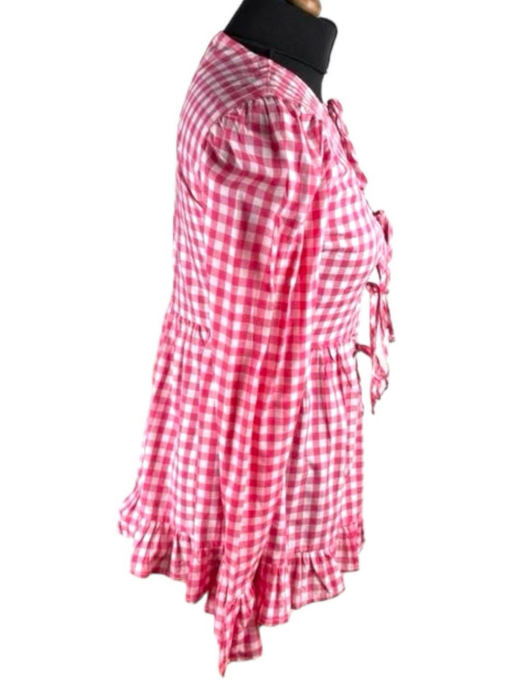 Red Gingham Tie Front Blouse Long Sleeve Grilled Hem Women's UK Size S