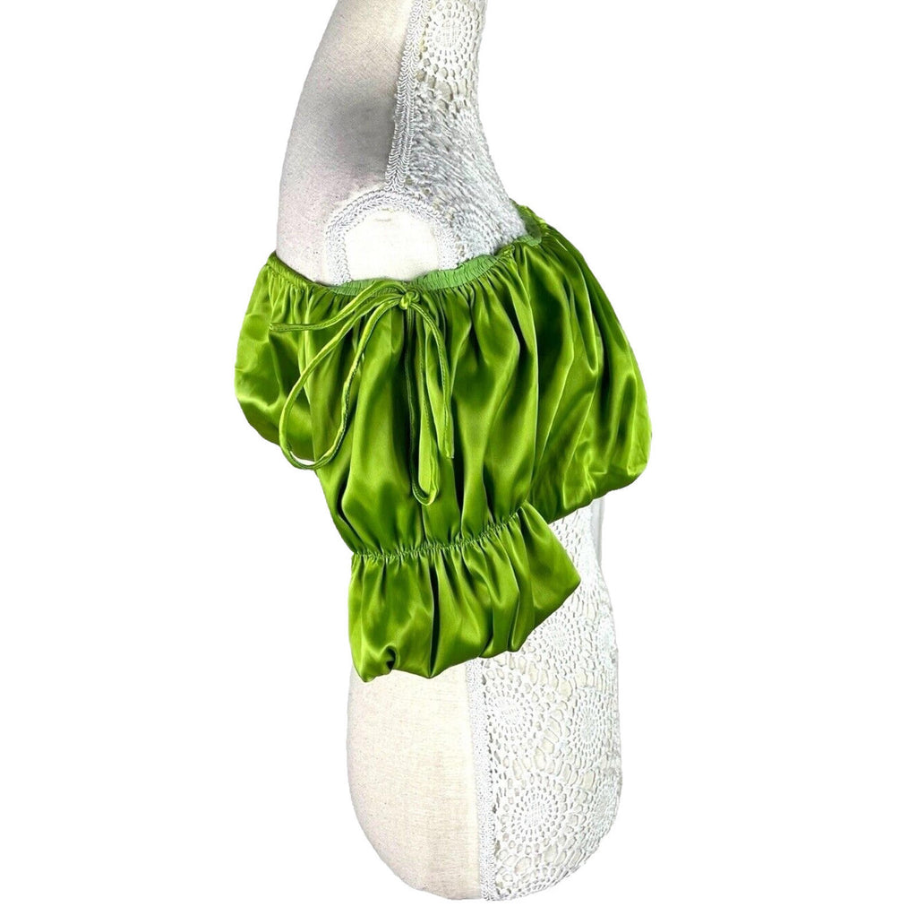 Pretty Little Thing Ruffle Satin Crop Top Green Off Shoulder Women's UK Size 8