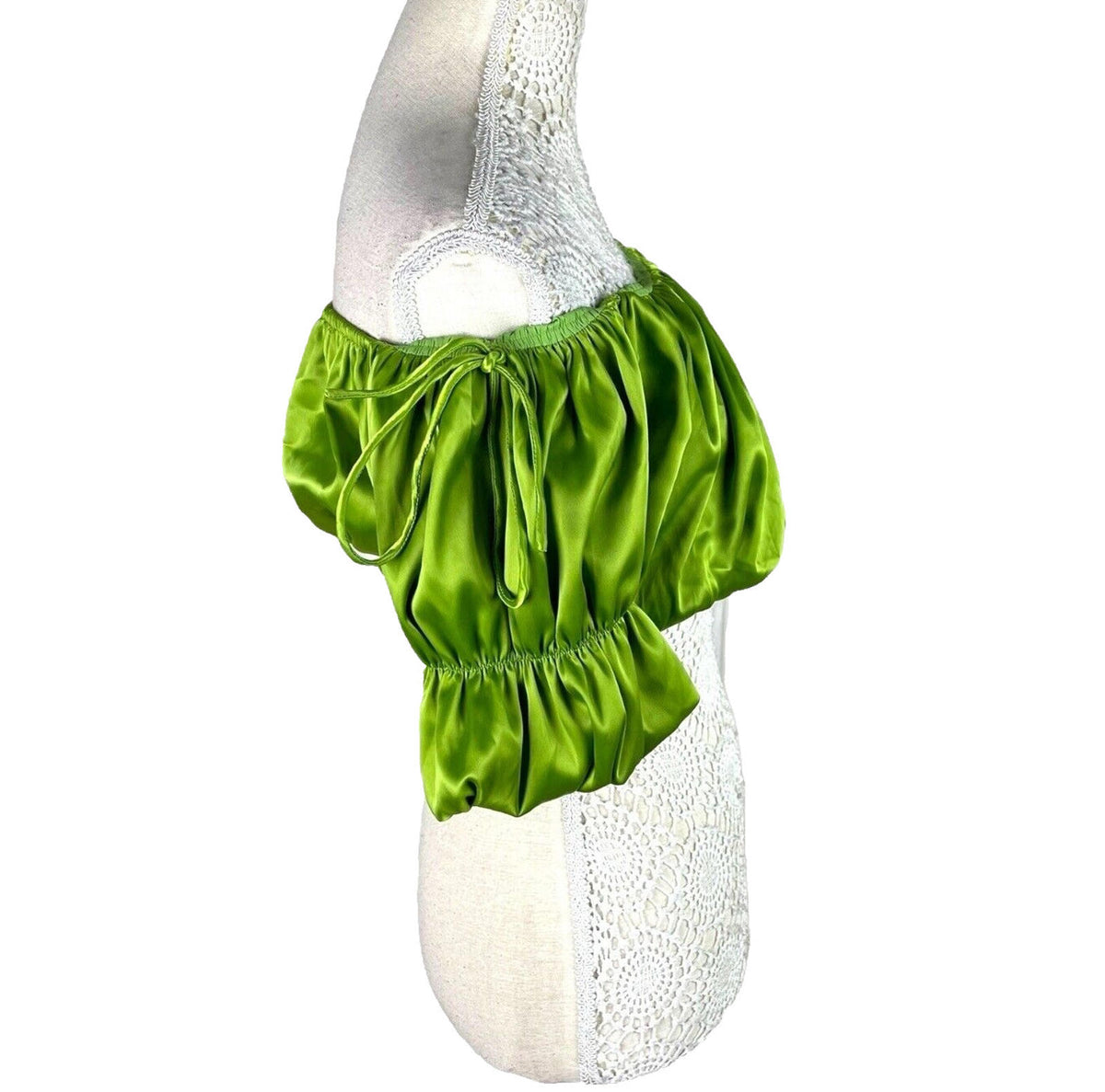 Pretty Little Thing Ruffle Satin Crop Top Green Off Shoulder Women's UK Size 8