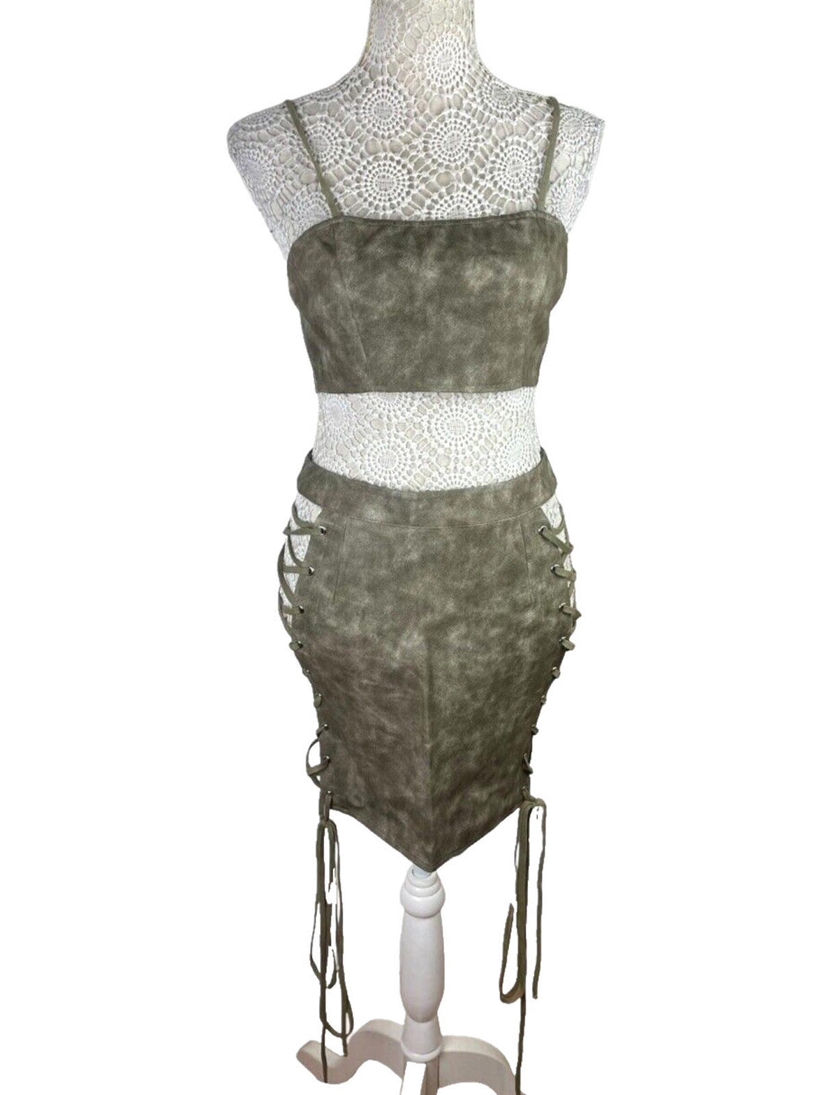 Pretty Little Thing Lace-Up Skirt & Crop Top Set Women's UK Size 8 Faux Leather