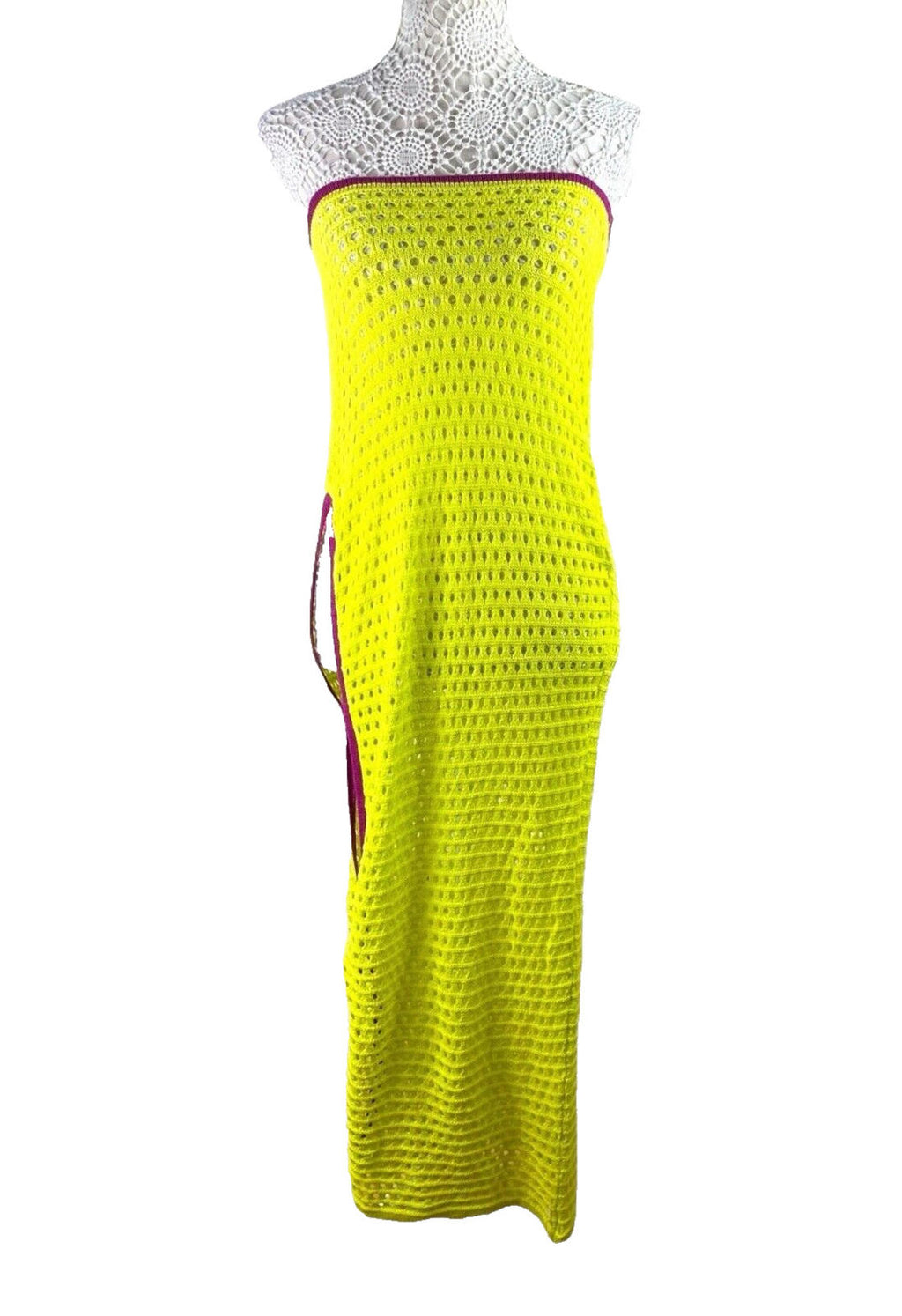Strapless Crochet Maxi Dress Women’s UK Size 8 Lime Green High Cut Out Side Slit