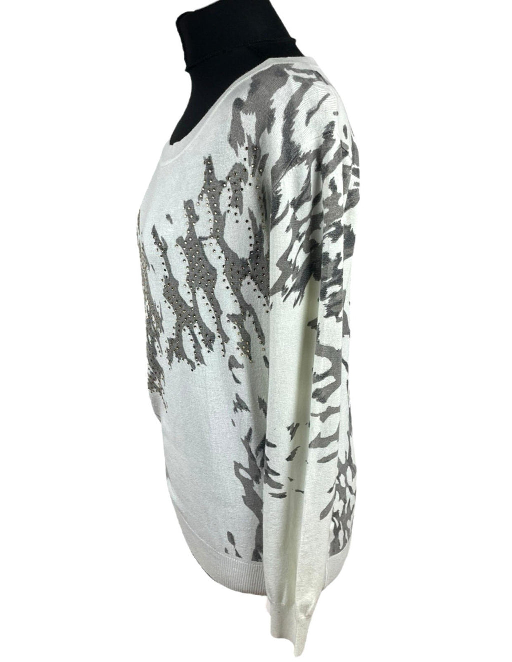 Just Elegance Thin White Jumper Grey Gold Pattern Round Neck Women's UK Size L