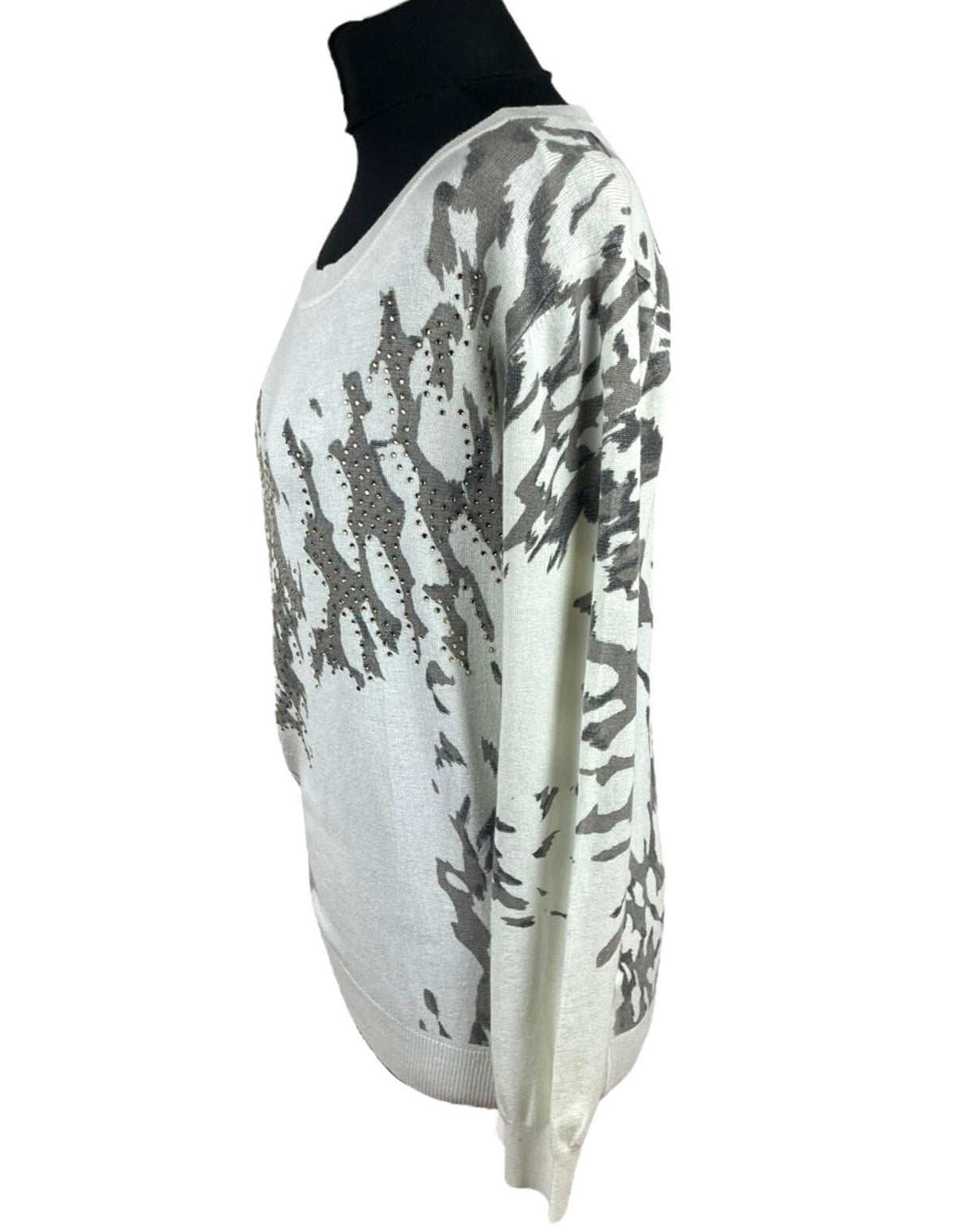 Just Elegance Thin White Jumper Grey Gold Pattern Round Neck Women's UK Size L