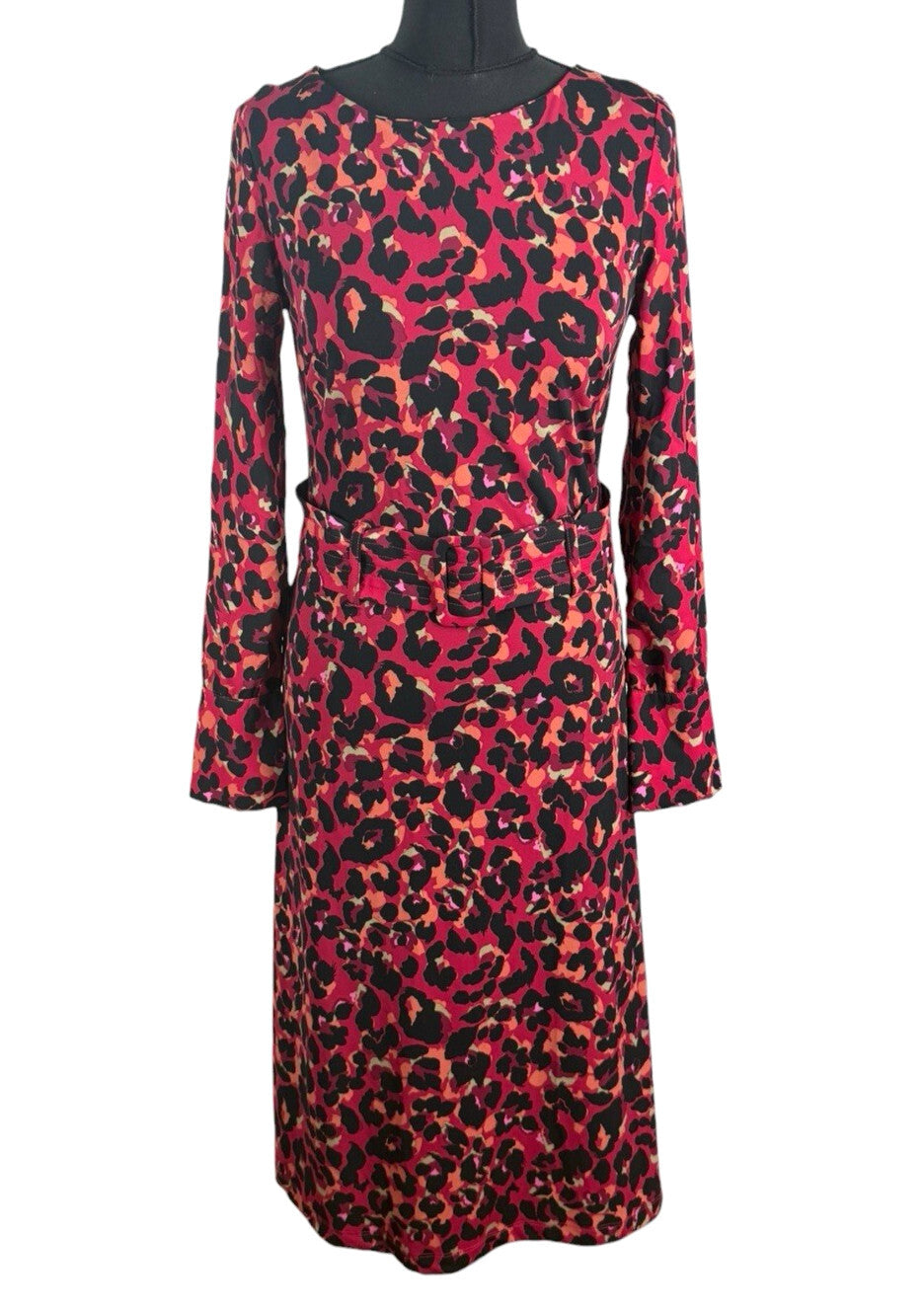 Next Leopard Print Midi Dress Women’s UK Size 6 Red & Black Long Sleeve Belted