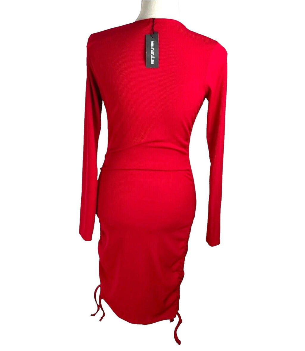 Pretty Little Thing Rib Body Con Dress Red Midi Women’s UK Size 8