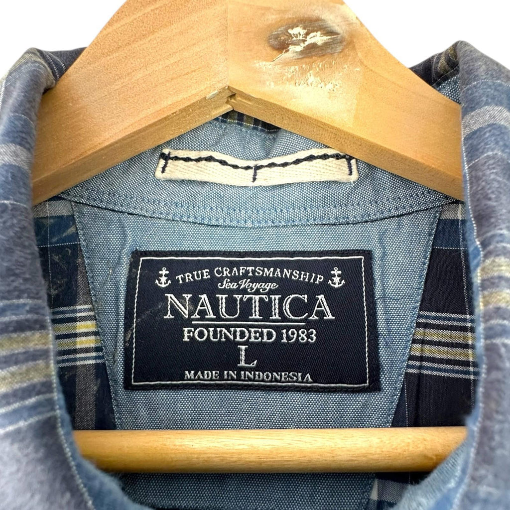 Nautica Shirt Men's UK Size L Blue Striped Long Sleeve Pockets Buttondown Collar