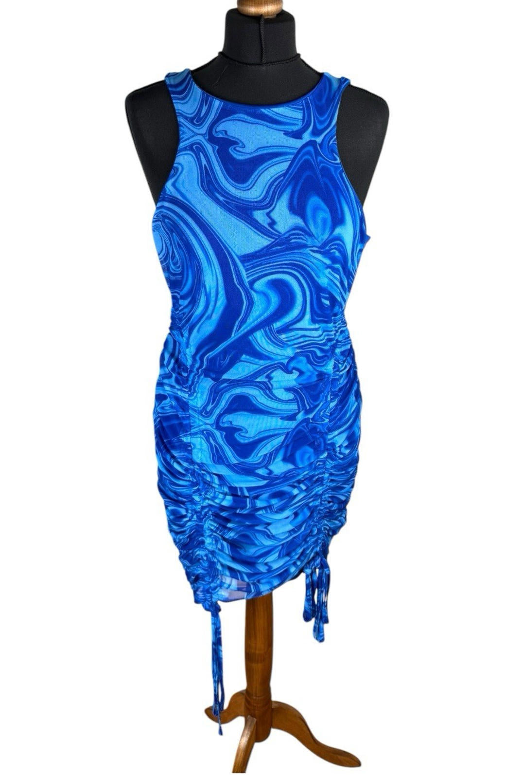 I Saw It First Blue Swirl Print Mini Dress Ruffle Side Women’s UK Size 14