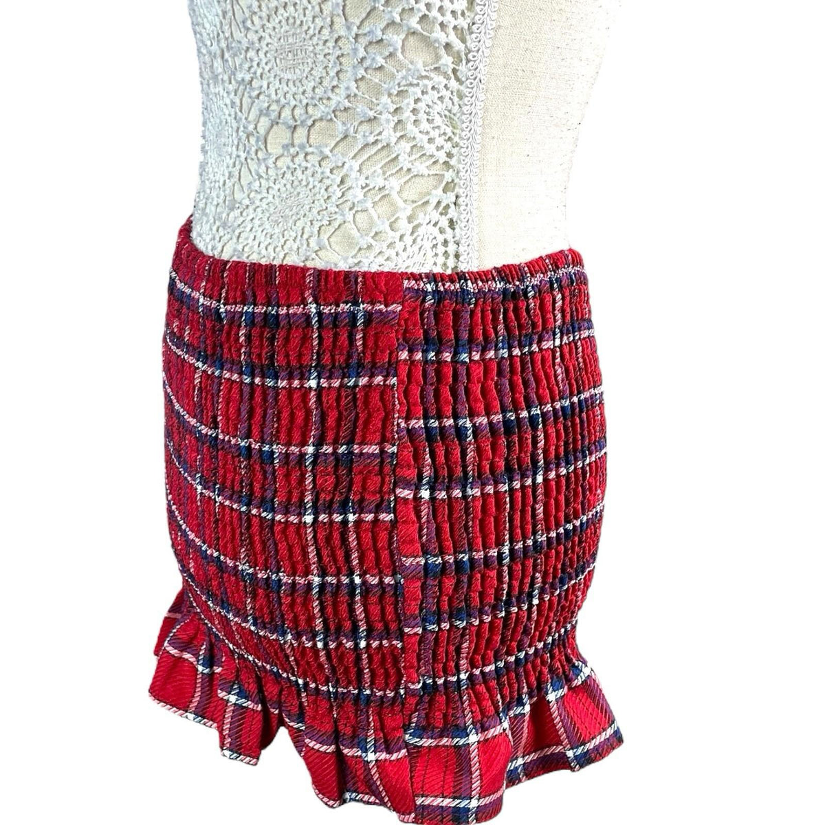 China Base Red Tartan Mini Skirt Shirred High Waist Women's UK Size 8