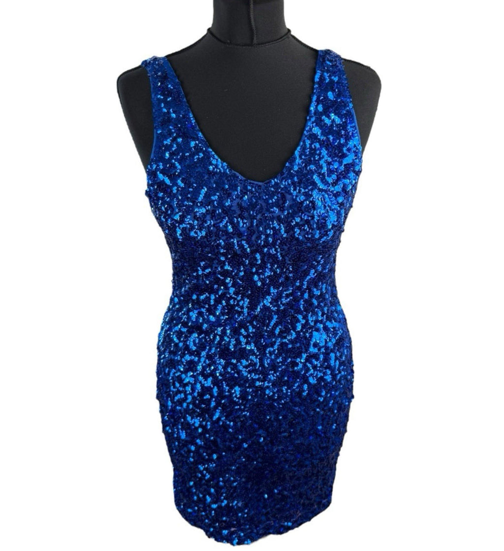 Covos Sequin Cocktail Dress Women's UK Size XL Bodycon V Neck Party Mini Blue Sparkle