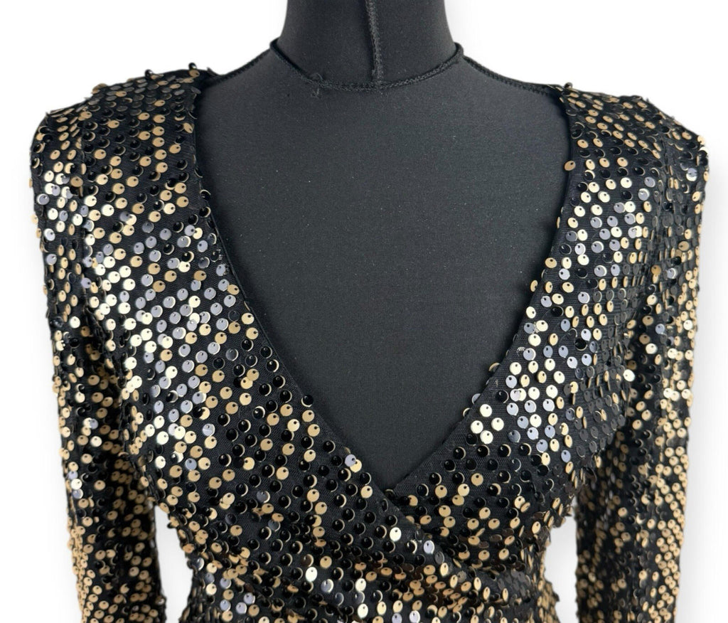 AX Paris Sequin Mini Dress Women's UK Size 10 Long Sleeve Black Gold