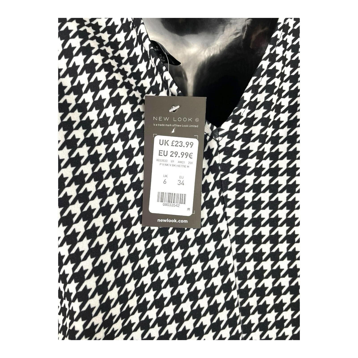 New Look Houndstooth Print Midi Dress Women's UK Size 6 Petite A-Line V-Neck