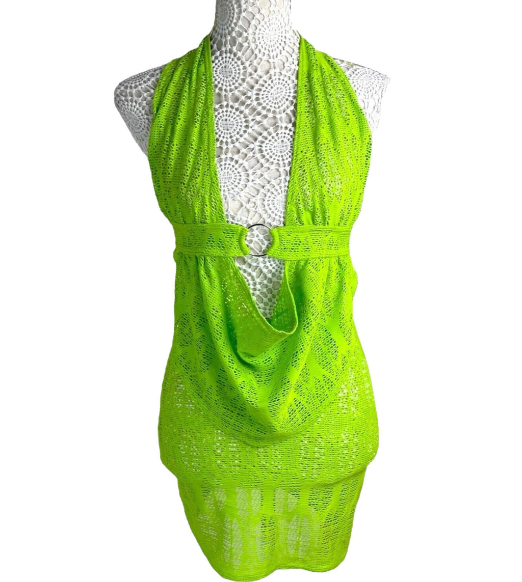 Lime Green Knit Mesh Skirt Co-Ord Set Cowl Halter Neck Women's UK Size 8