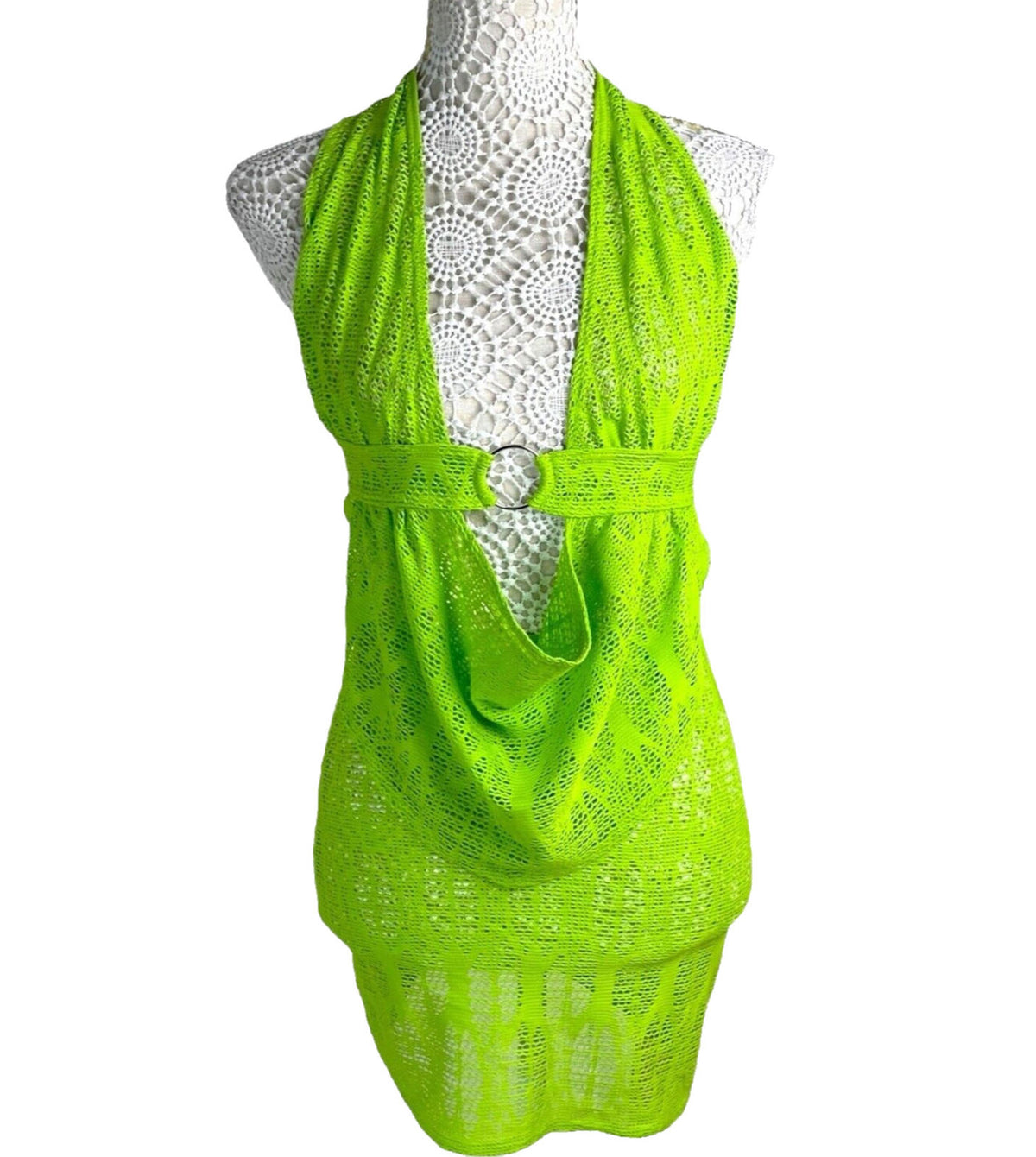 Lime Green Knit Mesh Skirt Co-Ord Set Cowl Halter Neck Women's UK Size 8