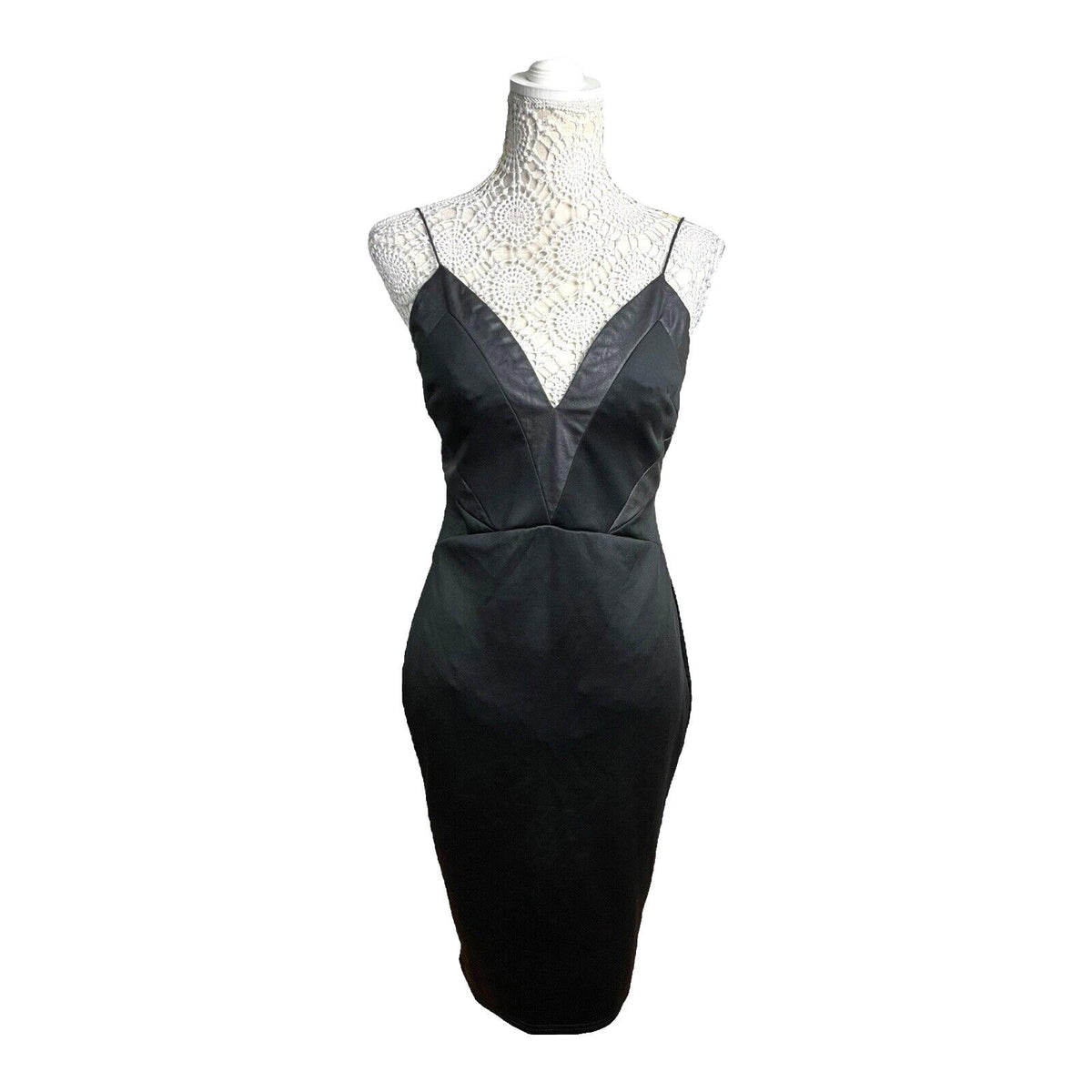 AX Paris Black Midi Dress Body Con Faux Leather Panels Women's UK Size 12