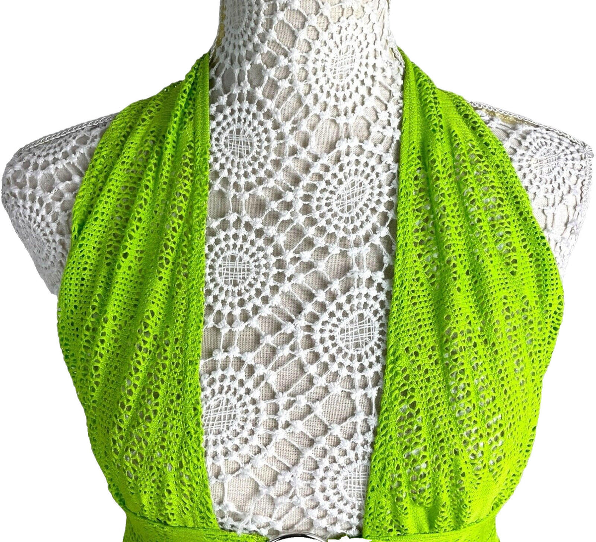 Lime Green Knit Mesh Skirt Co-Ord Set Cowl Halter Neck Women's UK Size 8
