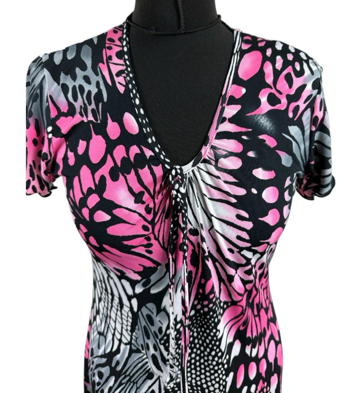 Black Pink Midi Dress Short Sleeve Stretch V Neck Women’s UK Size M (10-12)