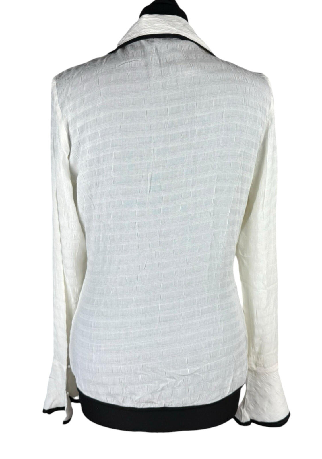 White Linen Blazer Blouse Top Women's UK Size S Flared Sleeves Ivory & Black Piping