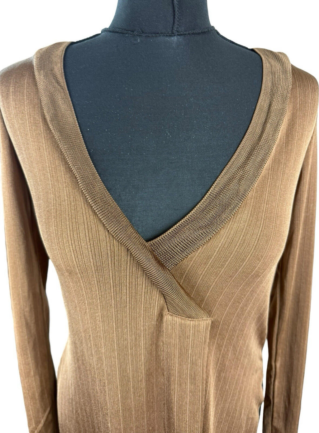 ZARA Brown Zara Long Sleeve Tunic Top Women's UK Size S Side Slit Brown Fine Stripe V-Neck