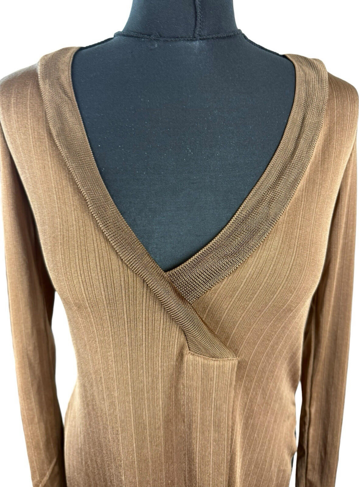 ZARA Brown Zara Long Sleeve Tunic Top Women's UK Size S Side Slit Brown Fine Stripe V-Neck