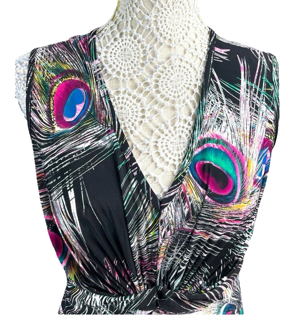 Peacock Feather Print Midi Dress Women’s UK Size M Sleeveless Ruched Waist