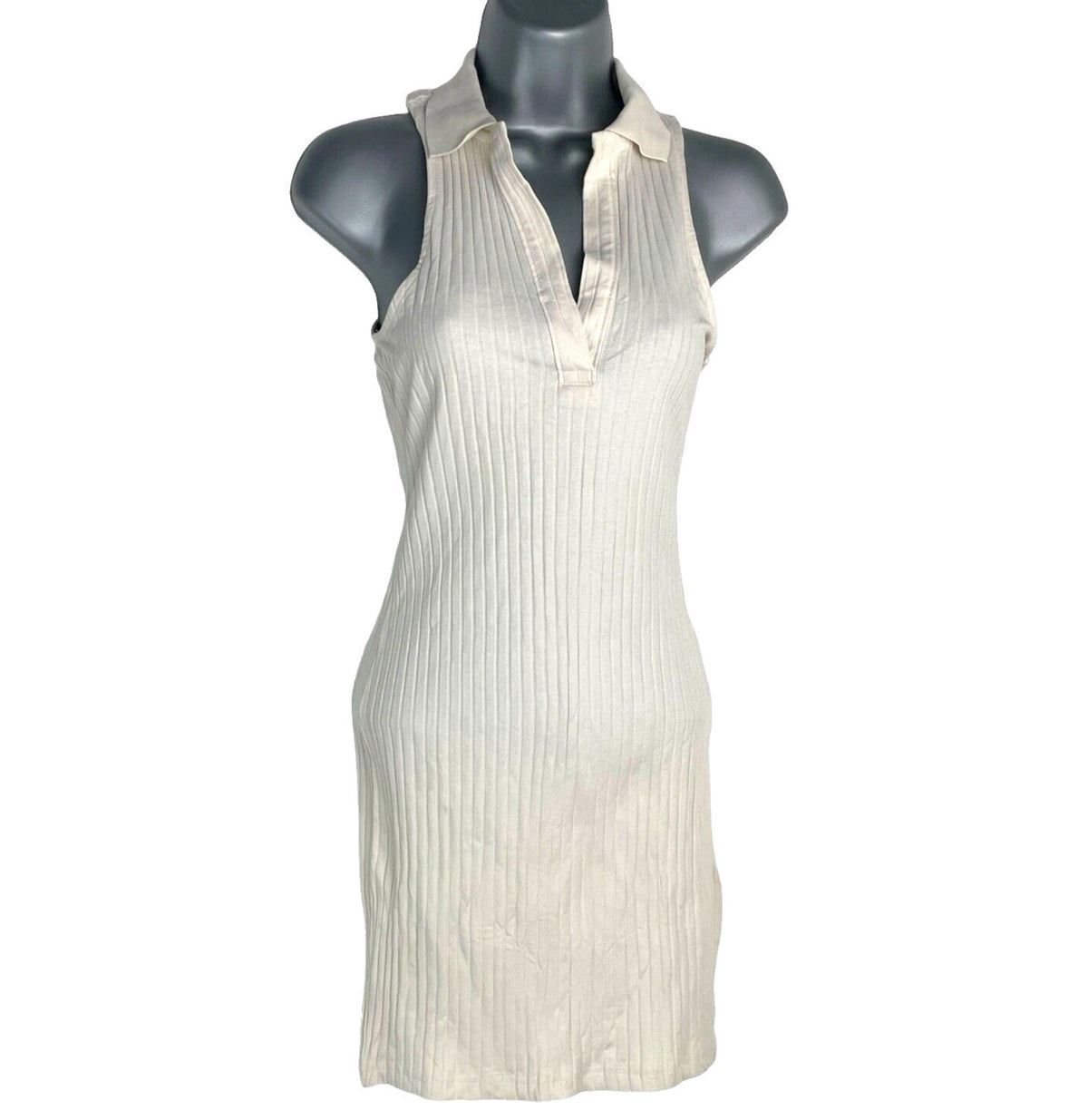 Divided Midi Dress Beige Ribbed Collared Women's UK Size XS