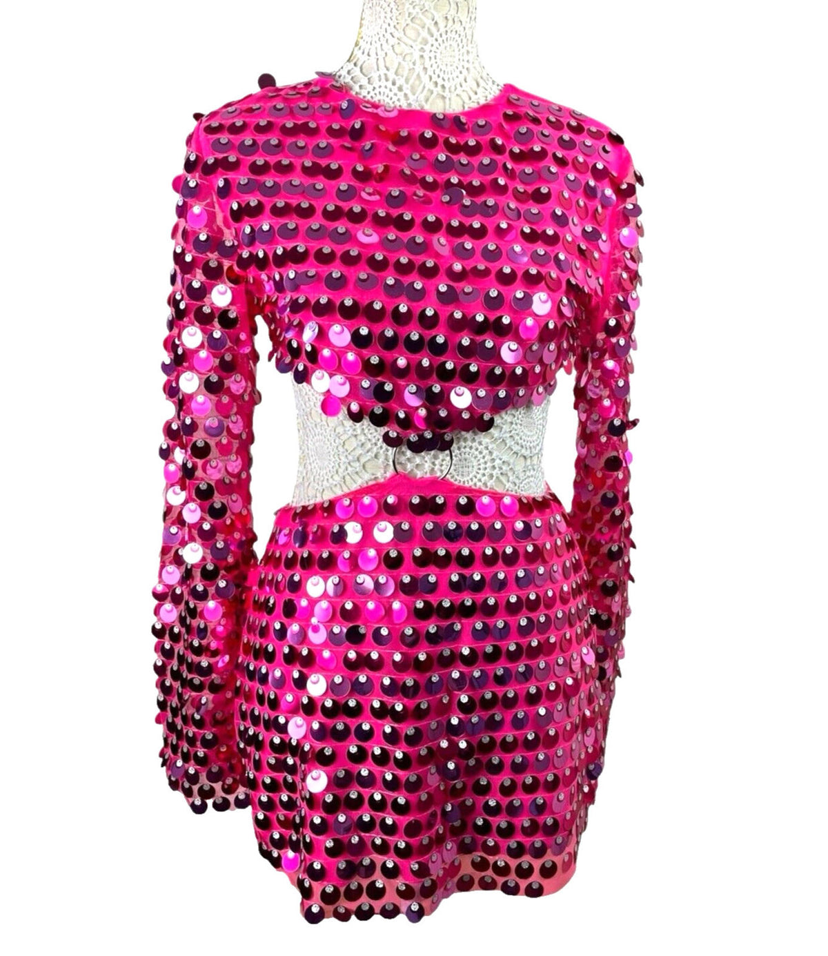 Bright Pink Big Sequin Cut Out Mini Dress Long Sheer Sleeve Women's UK Size 8-10