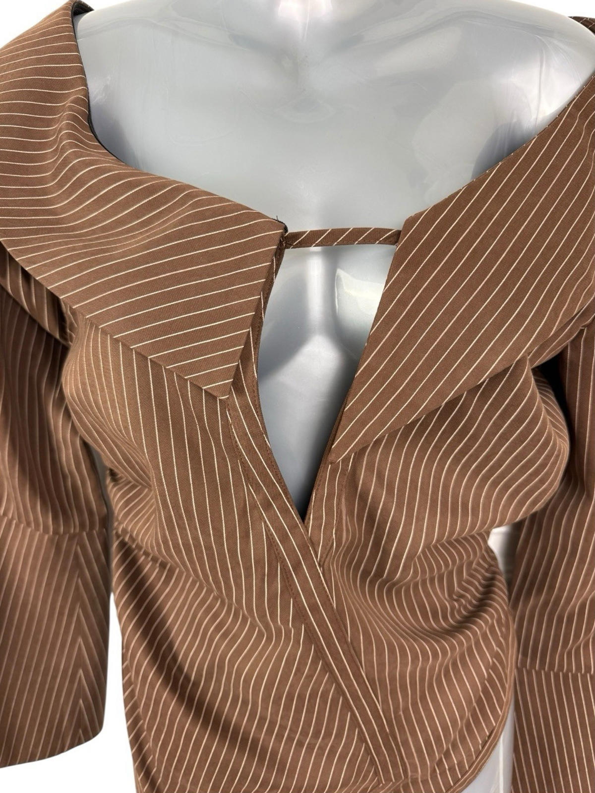 Pretty Little Thing Brown Pretty Little Thing Stripe Plunge Top Women's UK Size 8 Long Sleeve Shirt Blouse