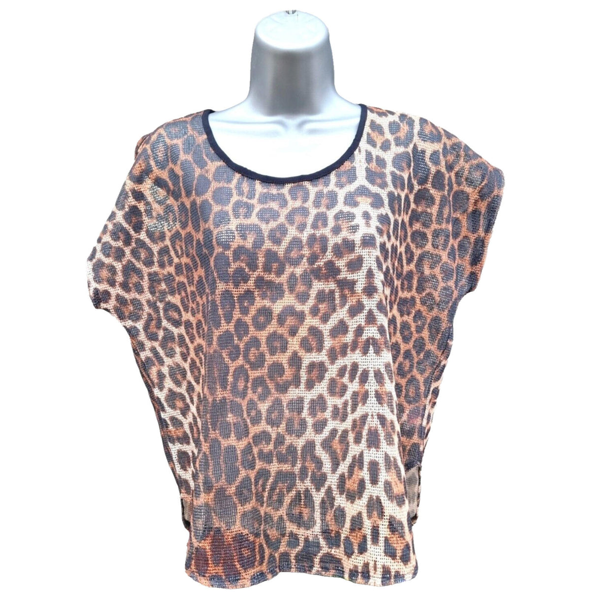 Primark Beige Leopard Print Mesh T-Shirt Blouse Crop Top Women's UK Size 10 Dolman Sleeve