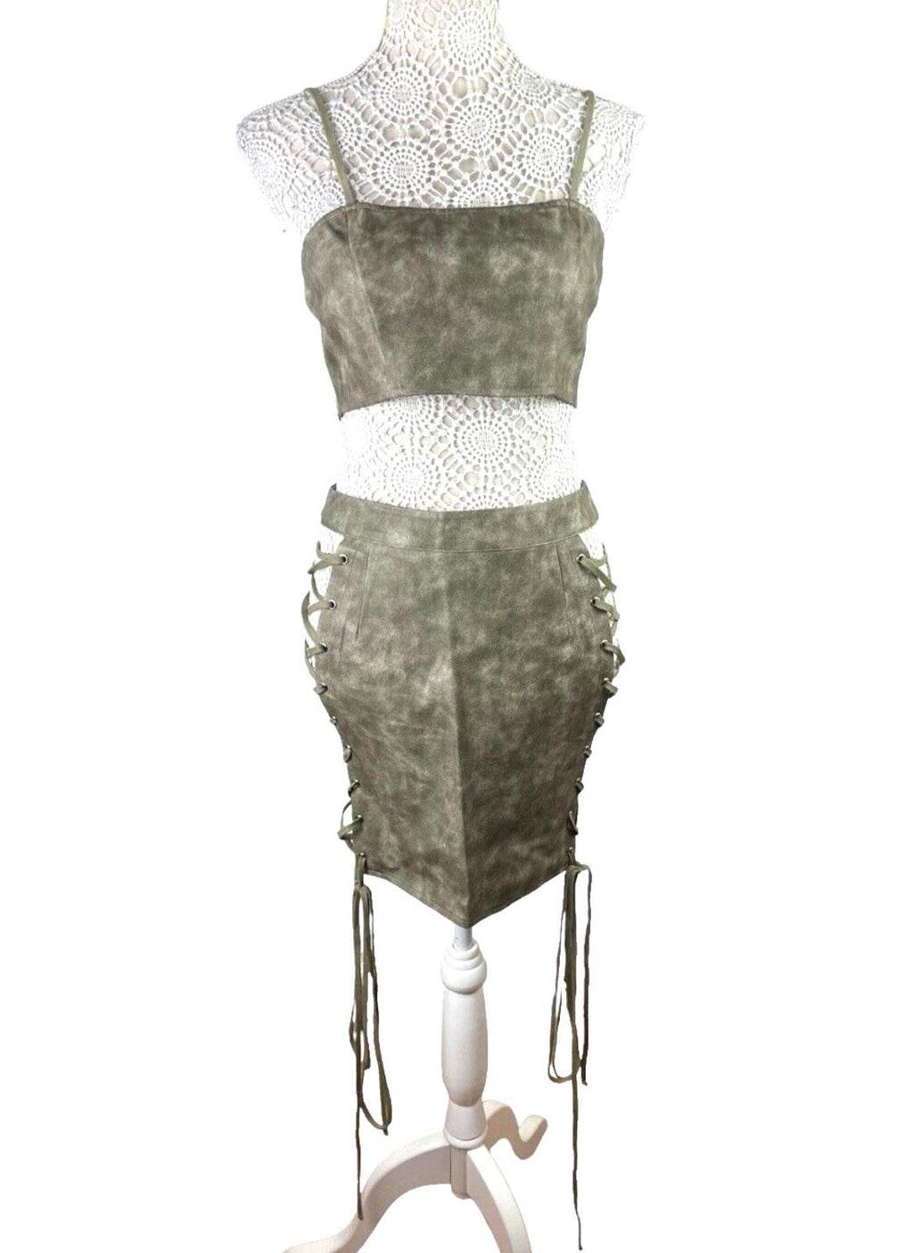 Pretty Little Thing Lace-Up Skirt & Crop Top Set Women's UK Size 8 Faux Leather