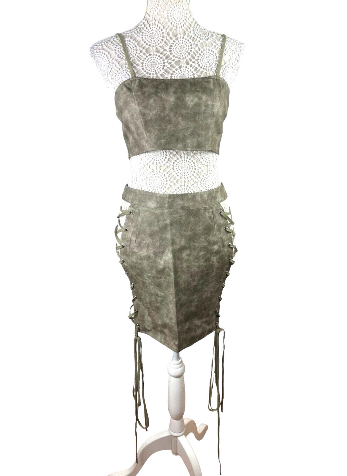 Pretty Little Thing Lace-Up Skirt & Crop Top Set Women's UK Size 8 Faux Leather