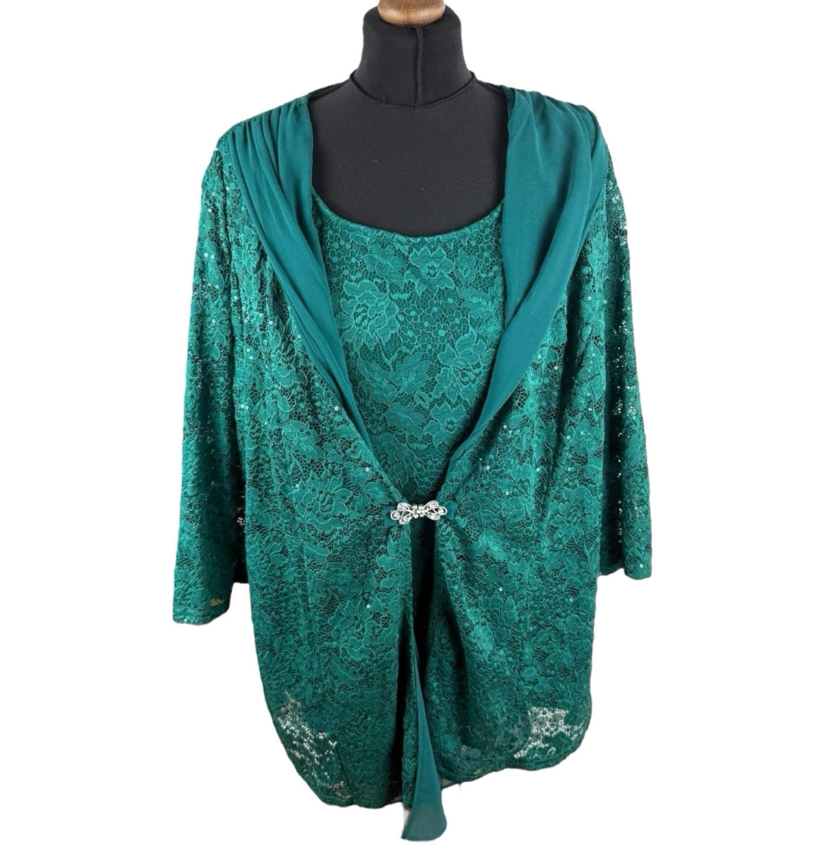 Hanna Nikole Green 2 Piece Blouse Jacket Set Lace Sequin Women's UK Size 22