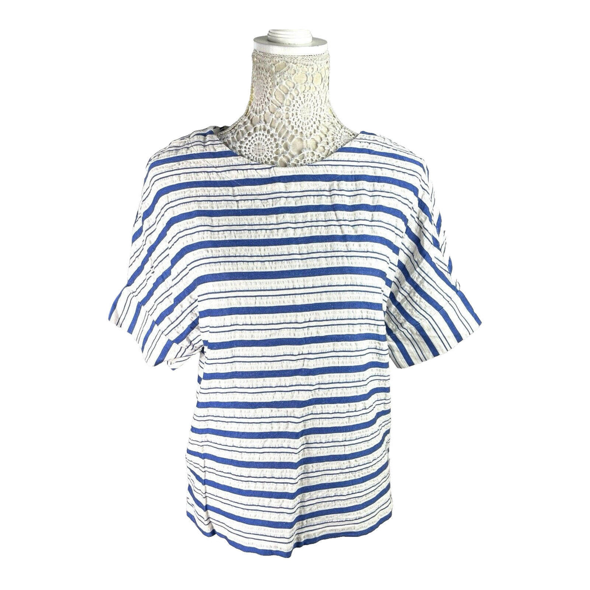 Per Una White Marks & Spencer Stripe T-Shirt Top Women's UK Size 10 Short Sleeve Linen Blend