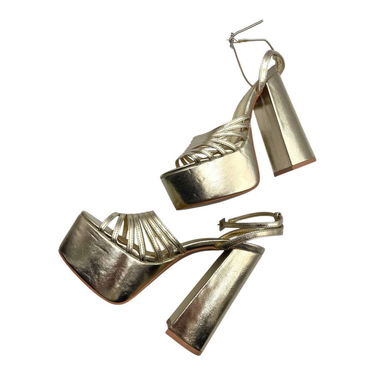 Nasty Gal Shoes Gold Metallic Strappy Platform Block Heel Women's UK Size 8