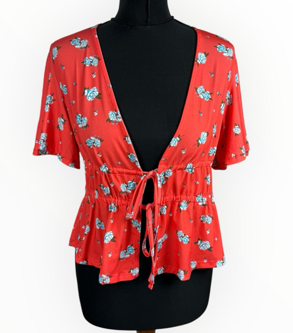 ASOS Floral Crop Top Women's UK Size 8 Tie Front Short Sleeve Orange