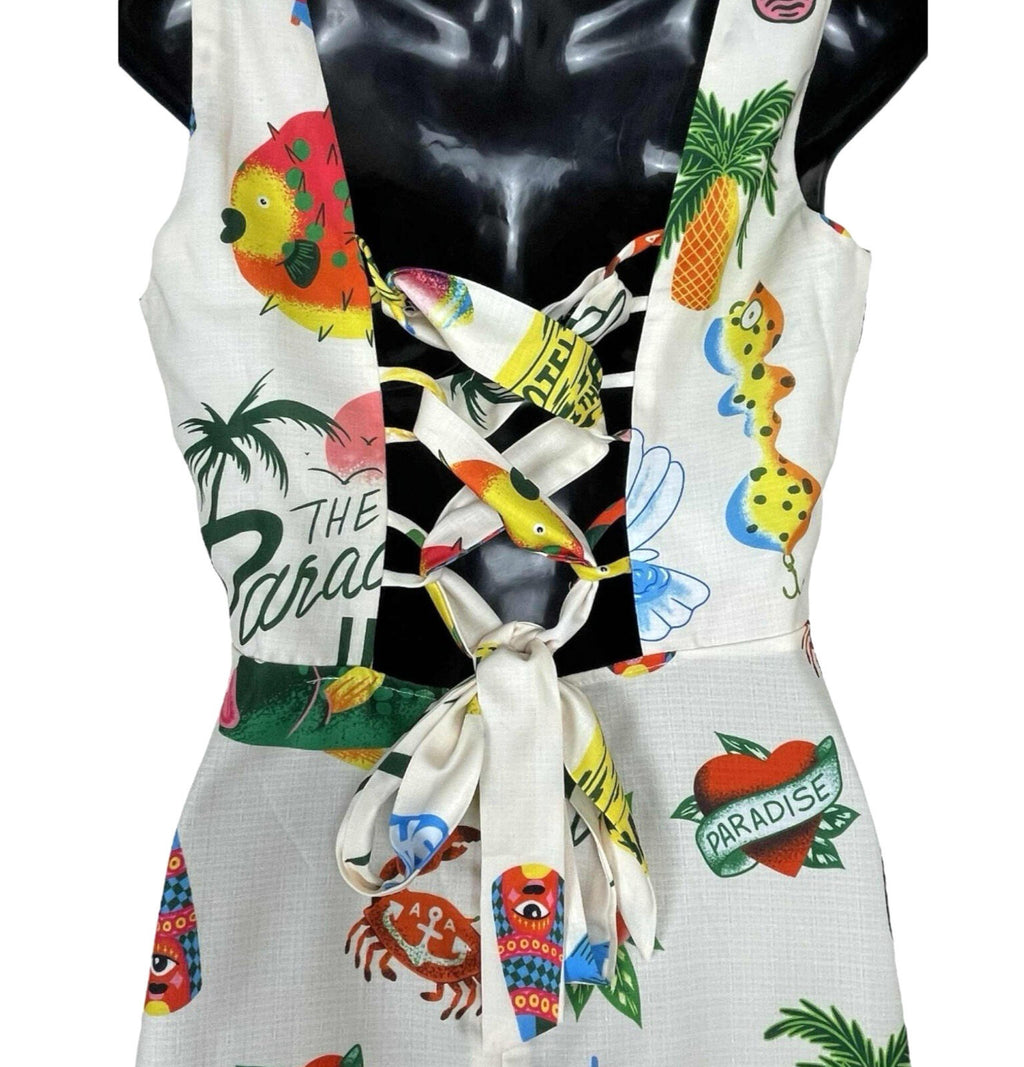 Comense White Comense Retro Summer Dress Women's UK Size M Lace Up Back Mini Multicolour Print
