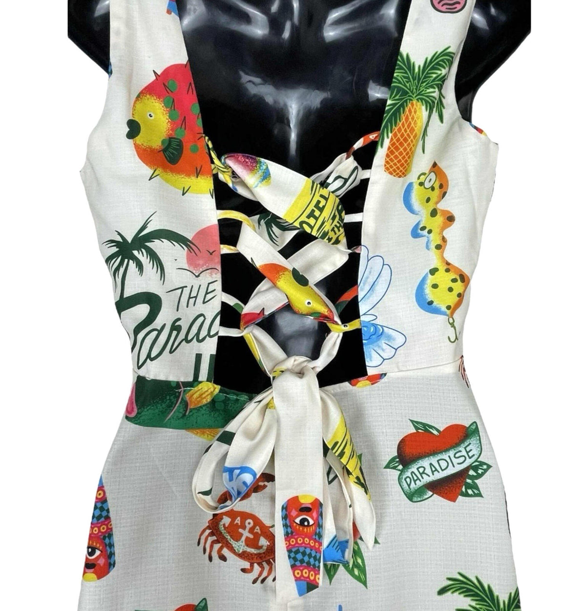 Comense White Comense Retro Summer Dress Women's UK Size M Lace Up Back Mini Multicolour Print
