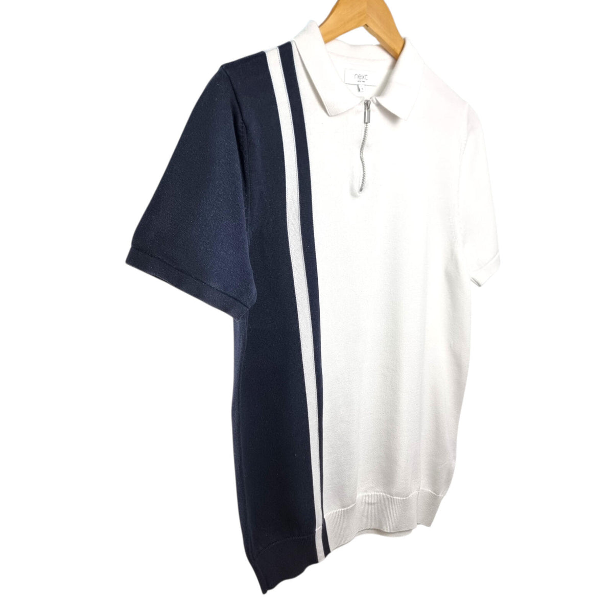Next White Next Knit Polo Shirt Men's UK Size S White Blue 1/4 Zip Short Sleeve 100% Cotton