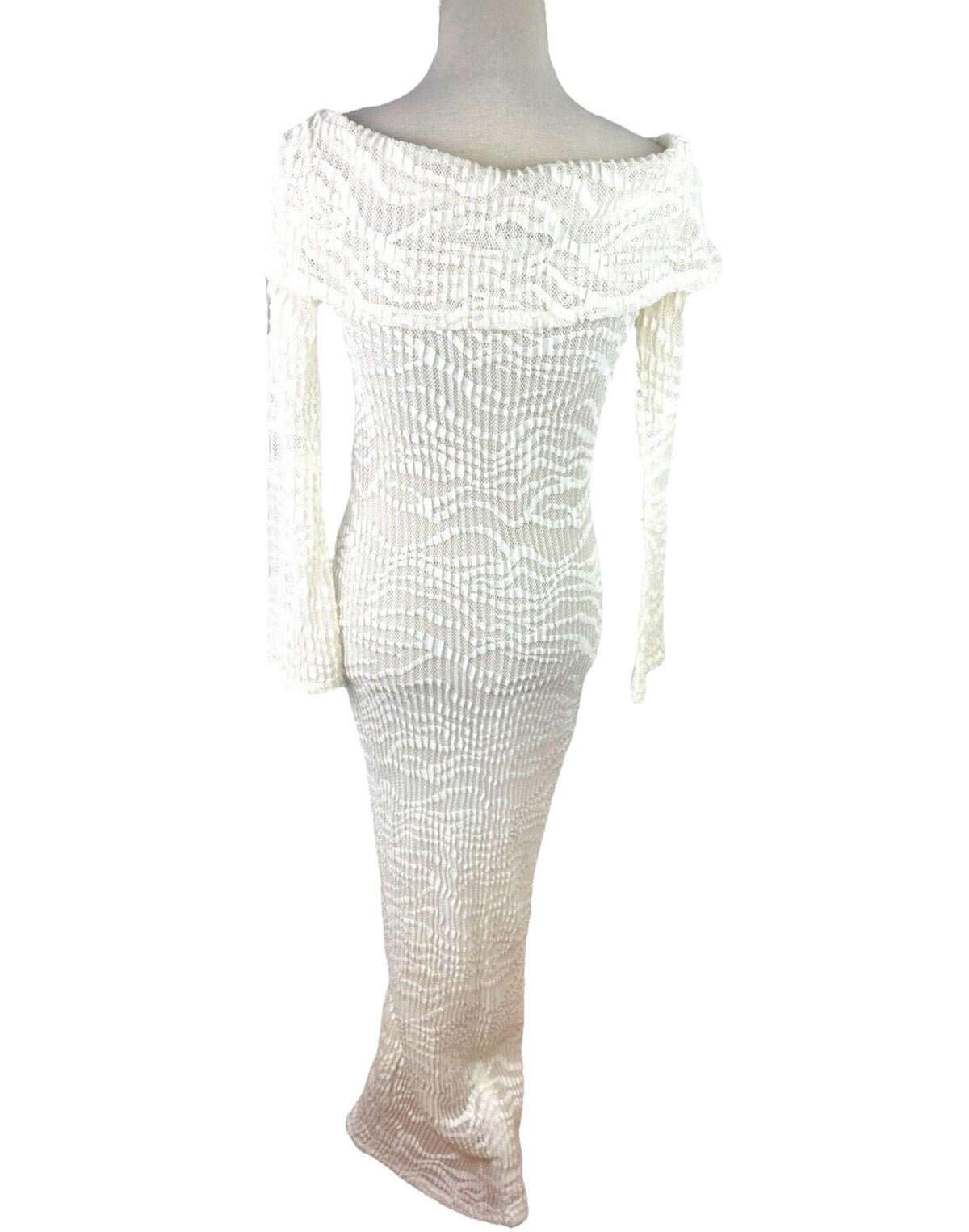 Maxi Dress Cream Textured Semi Sheer Shirt Dress Long Sleeve Women’s UK Size 8