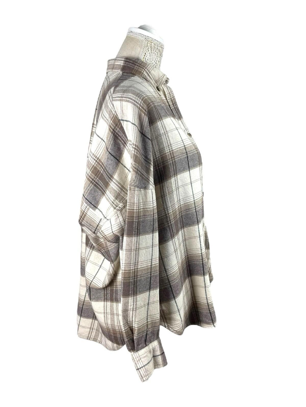 Stradivarius Beige Check Shirt Cotton Soft Touch Oversized Women’s UK Size XS