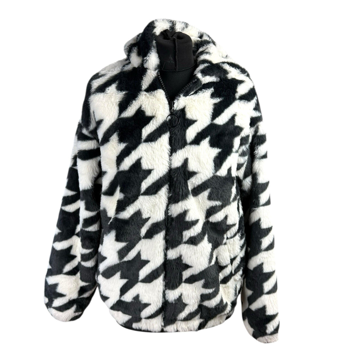 Divided Faux Fur Bomber Jacket Women's UK Size XS Hooded Pockets Houndstooth