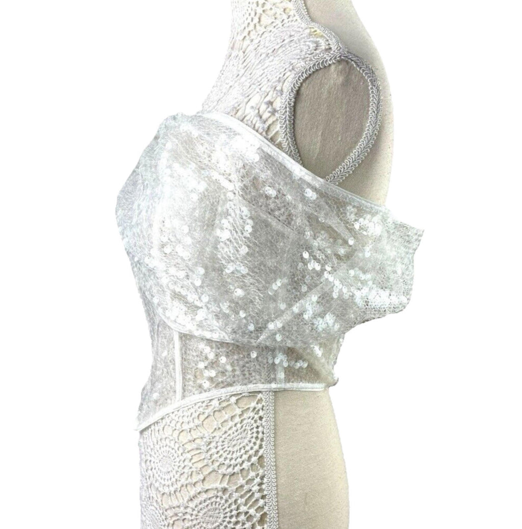 Pretty Little Thing Sheer Sequin One Sleeve Corset Top Women's UK Size 8 Cropped