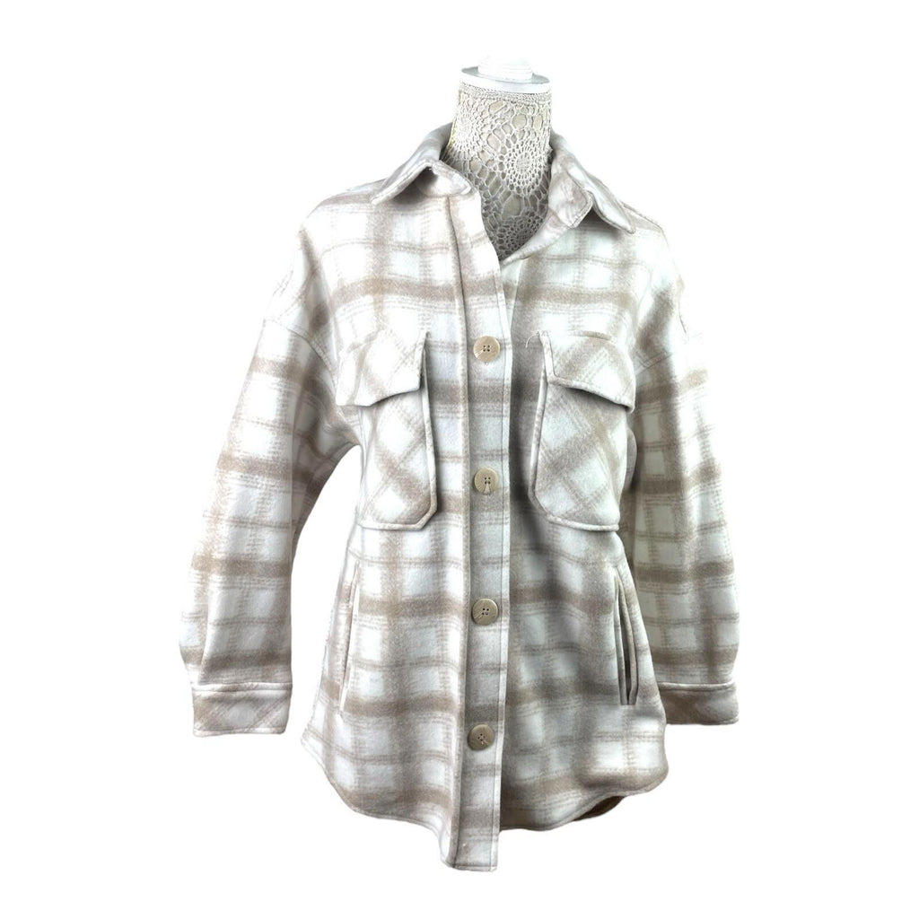 Stradivarius Beige Shirt Jacket Check Brushed Oversized Women's UK Size XS