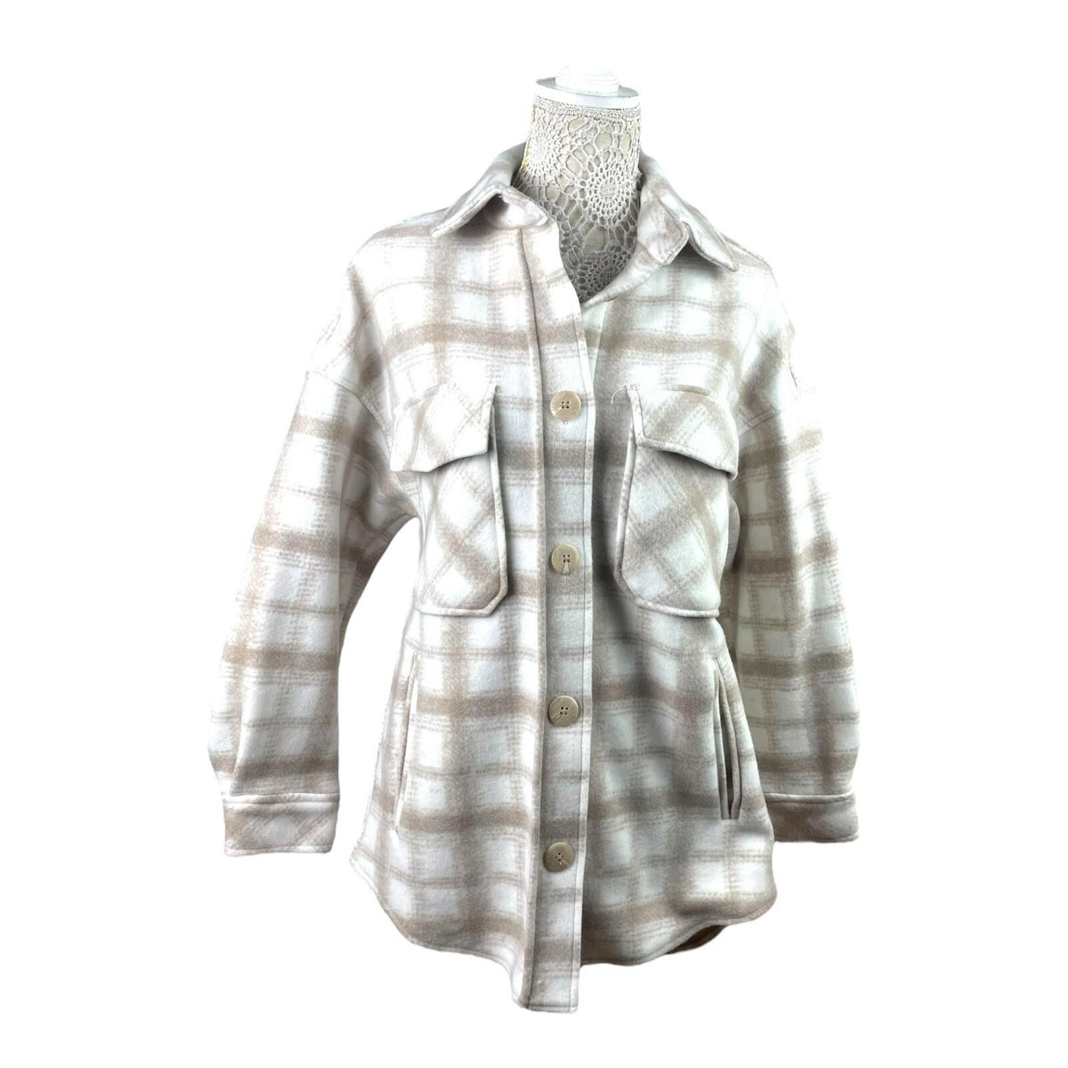 Stradivarius Beige Shirt Jacket Check Brushed Oversized Women's UK Size XS