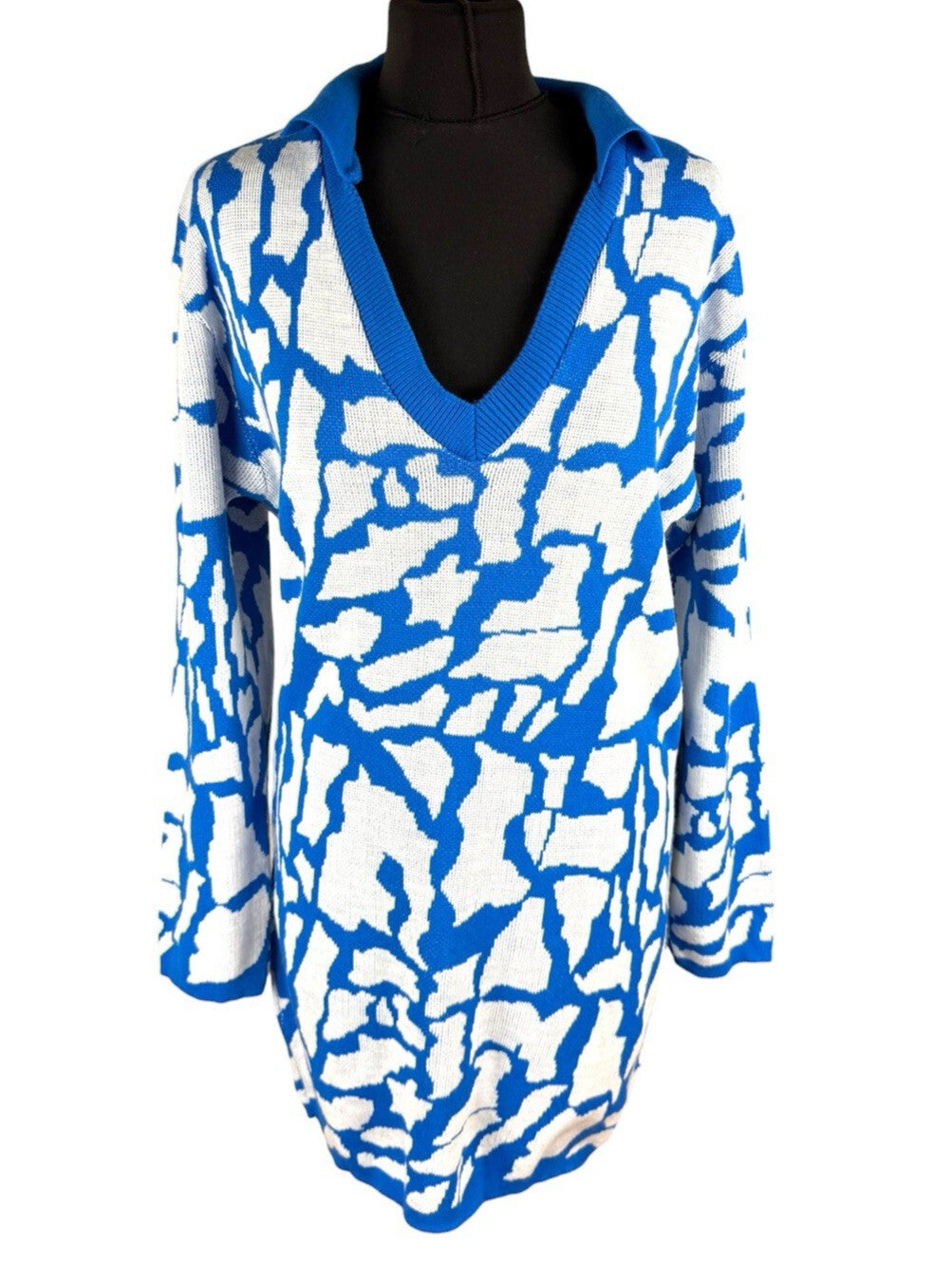 I Saw It First Jumper Dress Women’s UK Size 14 Blue White Long Sleeve Collared